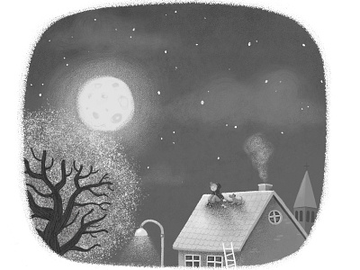 Nightsky dark grayscale illustration lights moon night roof sky tree