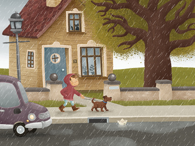 Rainy Day digitalillustration dog illustration kitty puddles rain tree walk wet