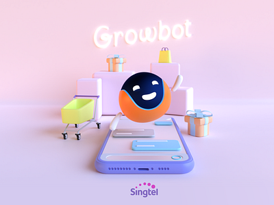 Singtel's Growbot - eCommerce platform mascot 3d 3d character 3d design branding chat bot chatbot design ecommerce gifts illustration mascot mascot character mascot design robot shopping shopping bag shopping cart singapore