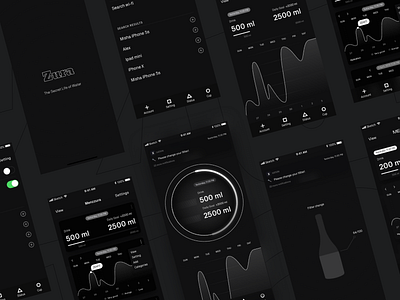 Zura - The Secret Life of Water 2019 2019 trend app application black black white bottle dark dark theme design minimal mobile mobile design mobile ui sketch sprinter typography ui ux web