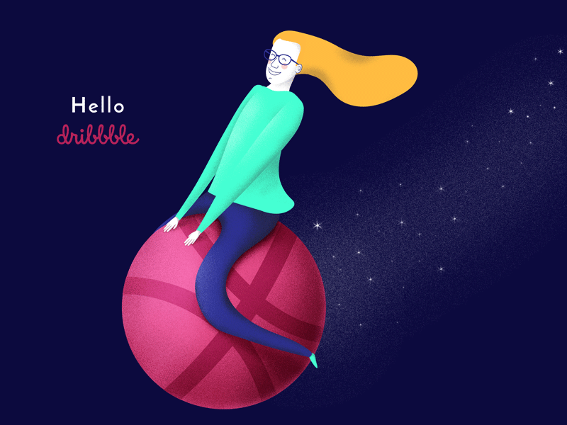 Hello Dribble! animation dribble debut flying hair illustration space