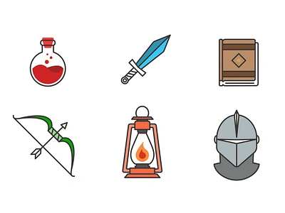 Fantasy Games Icon Set adobe book bow design dungeonsanddragons fantasy gaming icons illustrator knight lantern minimal potion strokes sword