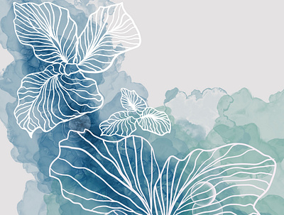 White flowers on blue contour lines illustration watercolor background white flowers