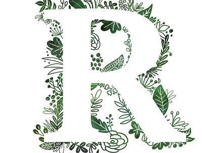 Letter R in leaves flora flowers illustration letter lettering watercolor