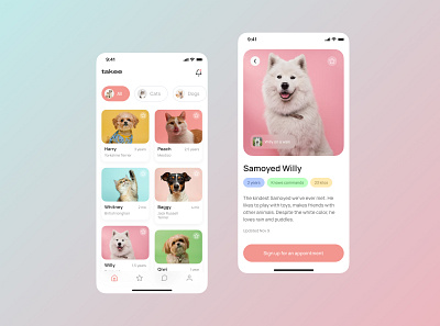 Takee - mobile pets shelter app design ui ux