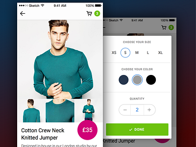 QUE - Product Screen design ios mobile options popup shopping sketch ui ui kit