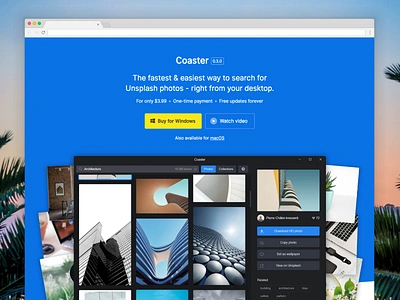 Coaster for Windows landing page ui unsplash web windows