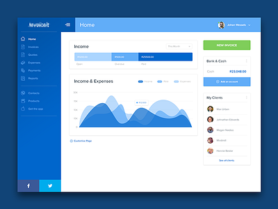Invoice it dashboard app accounting banks blue cash dashboard flat graph income money rounded social software invoice