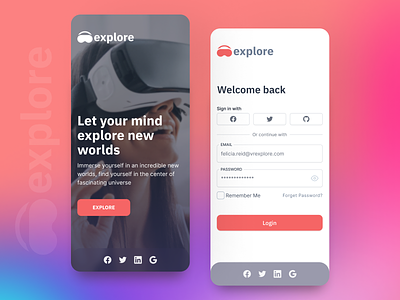 Let Explore - Landing page - Login page - Mobile Version concept iphonex landing page login page user interface virtual reality