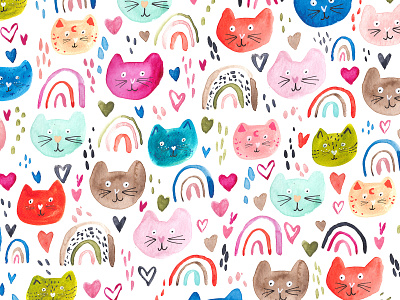 Happy Cats Pattern cat cats cute design green hand drawn heart homedecore illustration illustrator pattern photoshop rainbow surface pattern design watercolor