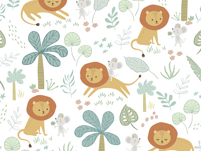 Little Mouse Prince Pattern Design cute cute art design illustration jungle kidsdesigns lion mouse pastel pattern patterndesignforkids software surface pattern design