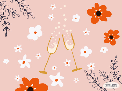 Congratulations Card artlicensing bubbles champagne congratulation design flower flower illustration glass greetinngcart illustration illustrator pattern pink surface design surfacepatterndesigner whiteflowers
