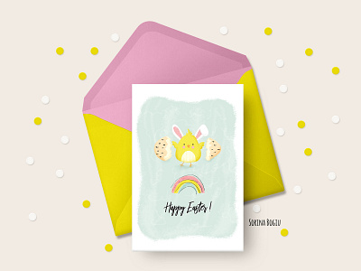 Happy Easter Card Design carddesigner chicken cute cute art easter easter bunny eastercard egg fun greetingcard hand drawn happyeaster illustration illustrator photoshop watercolor yellow