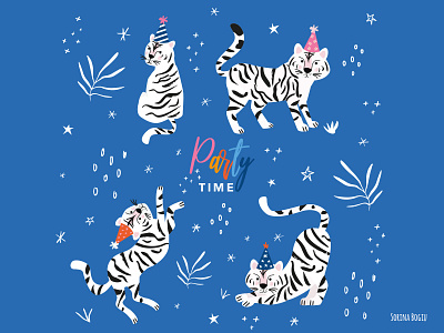 White Tiger Party Time artlicensing blue cute design greetingcarddesign homedecore illustration illustrator jungle kidsdesign party pattern pink surfacepatterndesign tiger vector whitetiger