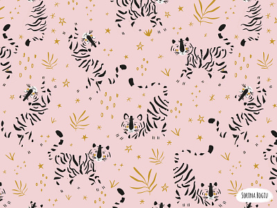 Tiger and stars pattern on a pink background black cute design gold illustration illustrator kids kidsillustration leaf modern pattern patterndesign patterndesigner patternlove pink stars surfacepatterndesign textiledesigner tiger tigerpattern