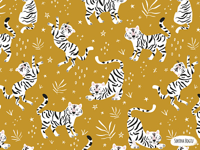 White Tiger Pattern on a gold background cute design gold habddrawn illustration illustrator kidsdesign modern nursery pattern patterndesign pattterndesigner pattternlove pink stars surfacepatterndesign textiledesigner tiger tigerpattern whitetiger