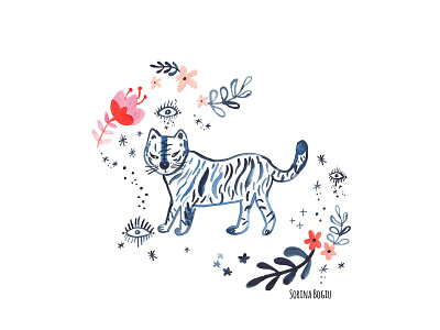Happy Year of the Tiger! bigcat blue chinesezodiac cute design eye flowers illustration illustrator lunarnewyear paint pattern pink stars tiger tigerart tigeryear tigeryear2022 watercolor yearofthetiger