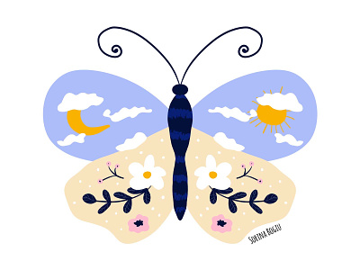 Butterfly blue butterfly clouds cute design flower fun illustration illustrator moon pattern sun