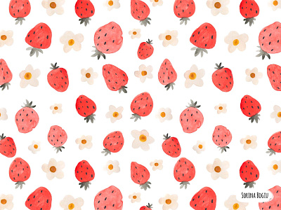 Watercolor Strawberry and Flowers Pattern