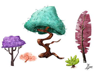 Tree Study green illustration pink purple study tree