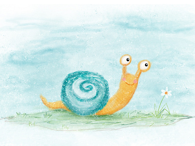 Snail blue cute grass illustration orange sky snail study