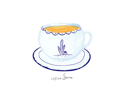 Tea cup blue cacts cup drawing illustration orange tea