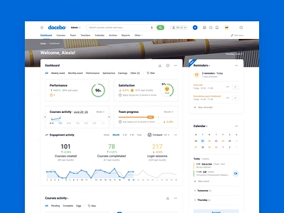 Docebo Platform Concept activity calendar chart courses custom dashboard docebo engagement filters grafico home interface lesson members pay chart platform profile reminders stat team