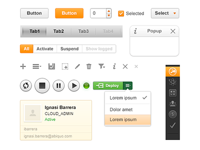 Abiquo Theme bar brand design button card close deploy filter icons info orange play realistic select skeuomorph skin status tab theme ui ux