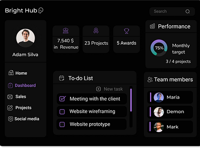 Bright hub dashboard (dark mode) black dashboard dark dark dashboard dark mode dark theme dashboard dashboard design design design team performance dashboard purple ui ui design ui ux ux design web web design website