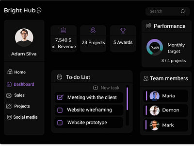 Bright hub dashboard (dark mode)