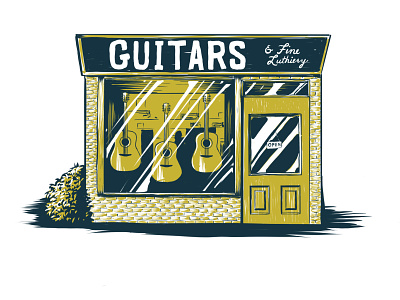 Guitar Shop WIP digital engraving illustration lettering woodcut