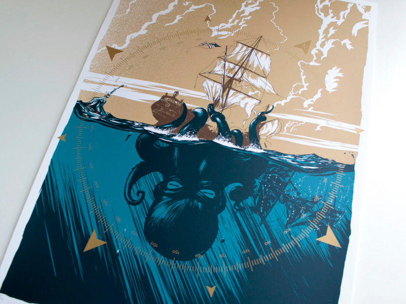 Magnetic North illustration screenprint print ship ocean kraken monster sea