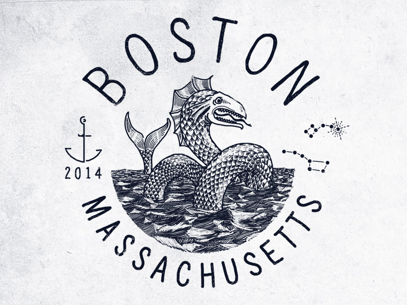 I moved! boston massachusetts sea monster serpent ocean anchor nautical engraving line drawing illustration