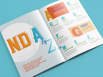 Notre Dame Academy A to Z spread editorial education infographic magazine typography