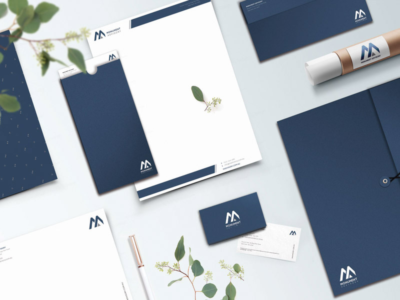 Monument Business Stationary Design presentation folders envelops letterhead smart brand stationary design logo financial adviser business cards business stationary business cards branding brand identity brand design