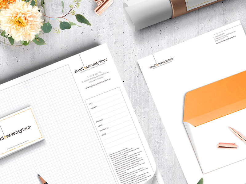 Studio Seventy Four Brand Identity interior design brand envelope letterhead notepad business stationary logo design brand branding