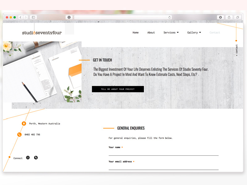 Studio Seventy Four Contact Page website design website web design ui design contact page interior design website interior designer website