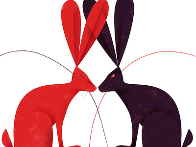 Hare We Go In Black & Red animal editorial hares illustration lovers rabbit romance saint valentines