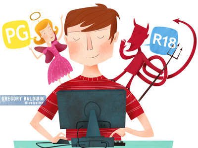 Good vs Evil in Children's On-line Activity angel censorship devil editorial illustration parenting