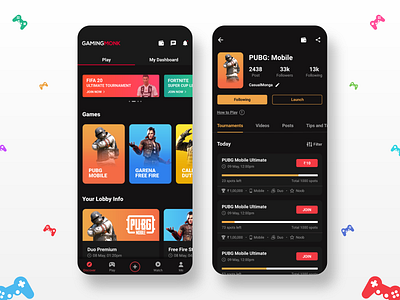 Tournament App android application card cardsui clean daily ui design feed gameapp gamecard games games card games design games logo minimal mobile app ui ux