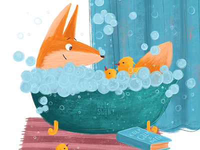 Bathing essentials cartoon character children book design fox game art illustration