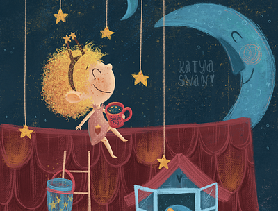 Talking to the Moon cartoon character children children book cute dreamy fantasy game art girl illustratio illustration kids moon night picture book stars