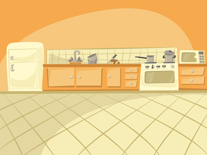 Cartoon kitchen background illustration for a math learning game by