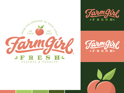 FarmGirl Fresh Produce® badgedesign branding fruit green hand lettering logo peach peaches produce script lettering