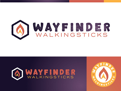 Wayfinder Walkingsticks® Logo arrow badge brand branding compasses crafts gold light logo outdoorsy purple red small business walking walkingstick