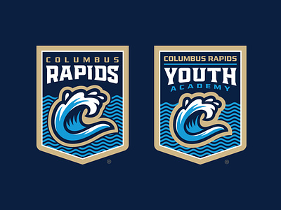 Columbus Rapids® Banner and Youth Logo badge blue brand branding columbus design futbol georgia gold illustration indoor lettering logo monogram navy pro sports soccer