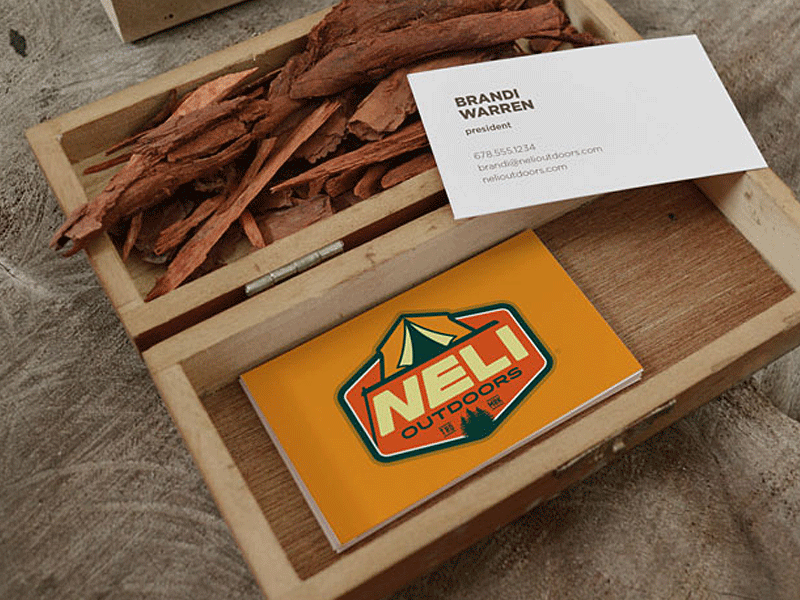 NELI OUTDOORS box branding business cards camping lifestyle logo neli outdoors tent trees wood