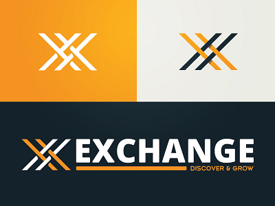 Exchange. Discover & Grow. blue brand branding logo monogram orange tan unused xs