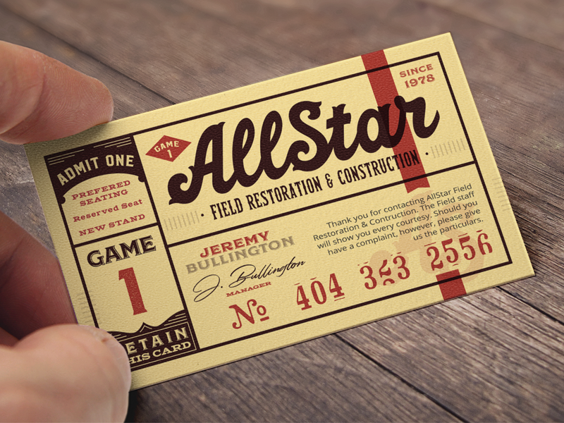 AllStar Field Restoration™ Brand & Card logo construction throwback branding vintage lettering business card ticket basball