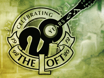 The Loft 20th Year Anniv. Logo 20 anniversary badge green guitar logo music notes rock twenty yellow